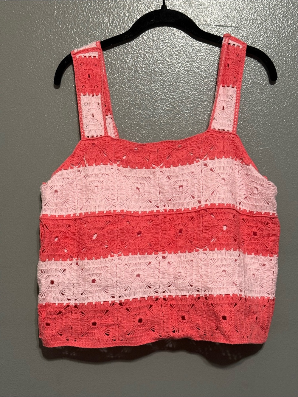Crown & Ivy Coral and Light Pink Crochet Square-Neck Tank